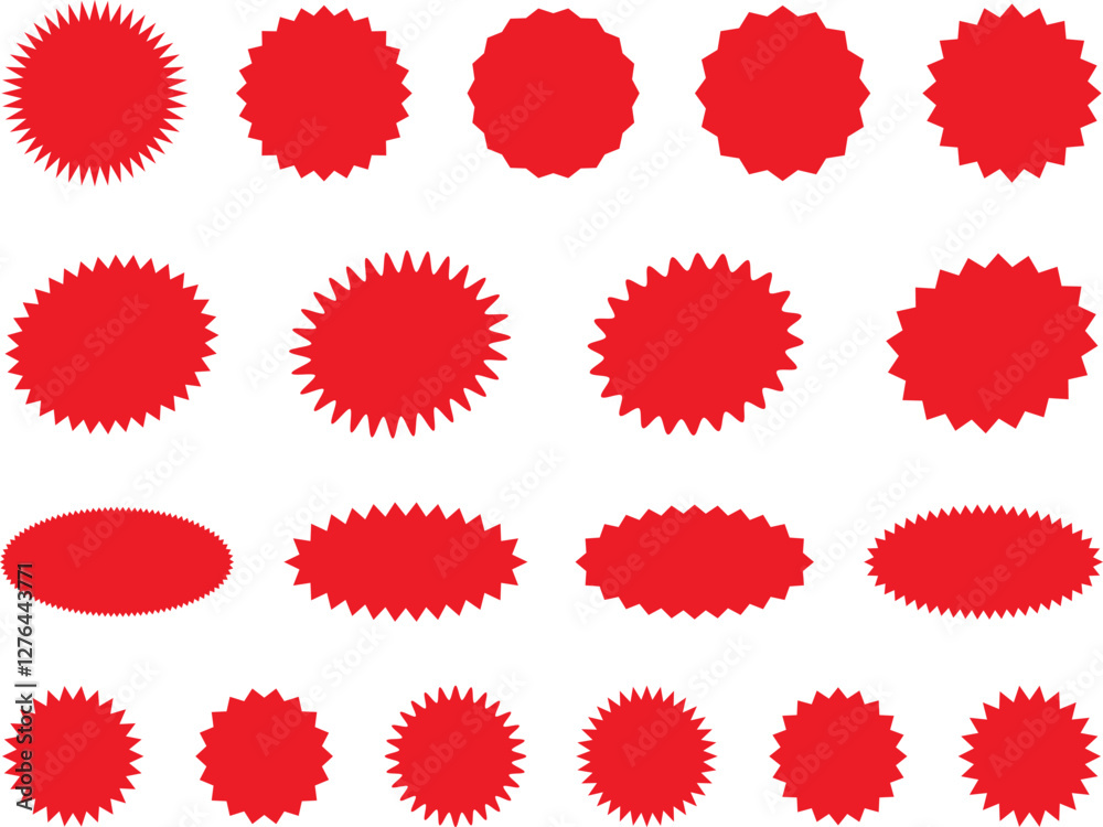 Starburst red sticker set - collection of special offer sale oval and round shaped sunburst labels and badges. Promo stickers with star edges. Vector. Starburst red sticker set - collection of special offer sale oval and round shaped sunburst labels and badges. Promo stickers with star edges. Vector.
