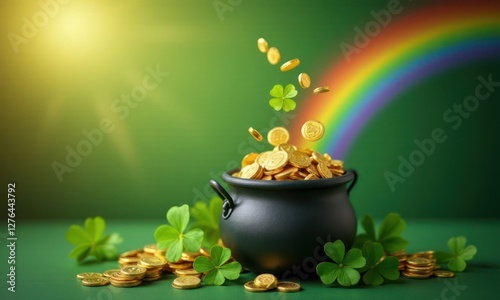 Gold coins are placed in black pot. Pot is surrounded by green grass and rainbow. St. Patrick Day