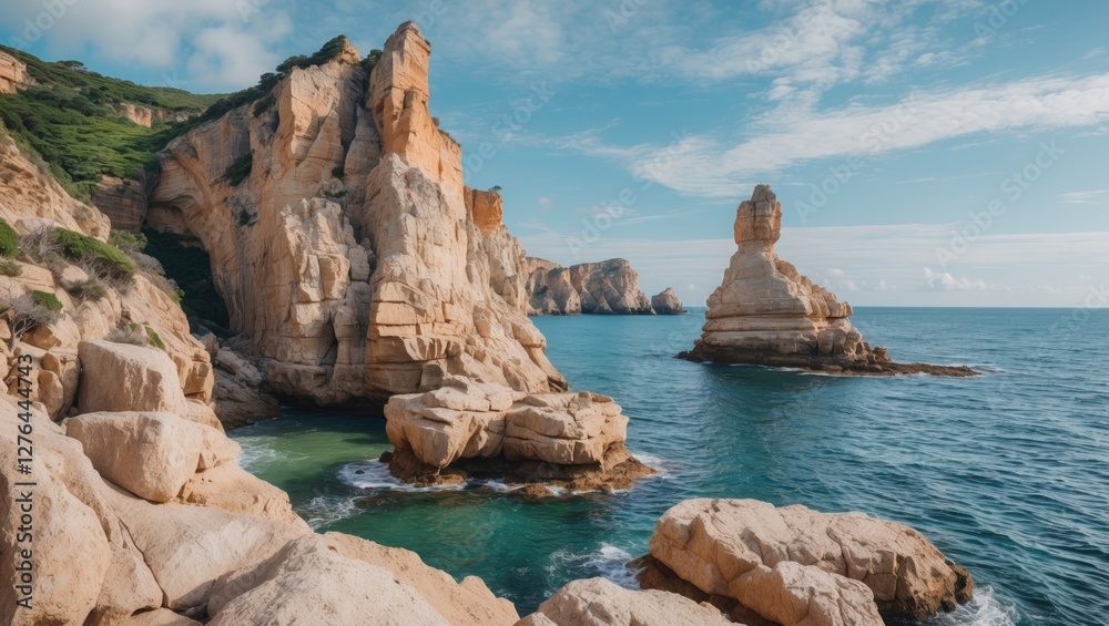 Naklejka premium Rocky coastline with steep cliffs and unique rock formations beside calm blue ocean water under a partly cloudy sky