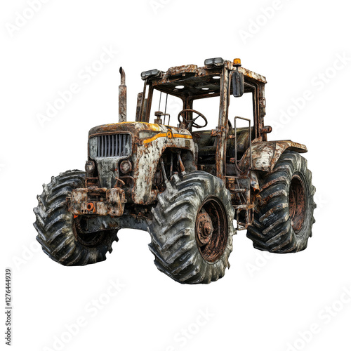 Old, broken-down agricultural tractor isolate on transparent background