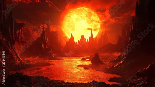 Inferno Landscape: Dramatic Red Hellscape With Lava River, Ominous Cliffs, And Fiery Sun.