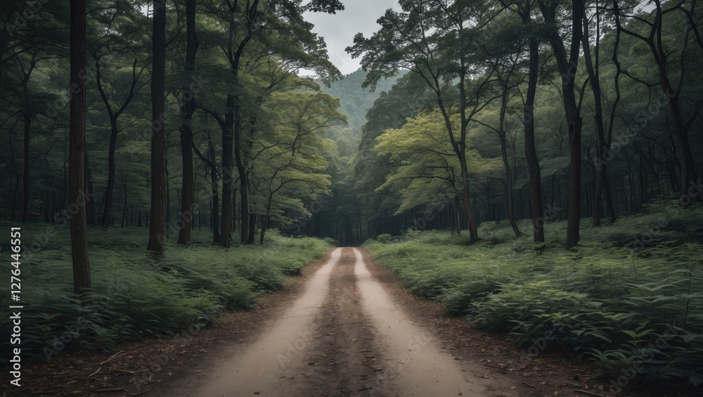 Forest pathway with lush greenery and trees along the sides during cloudy weather in a serene natural setting. Forest pathway with lush greenery and trees along the sides during cloudy weather in a serene natural setting.