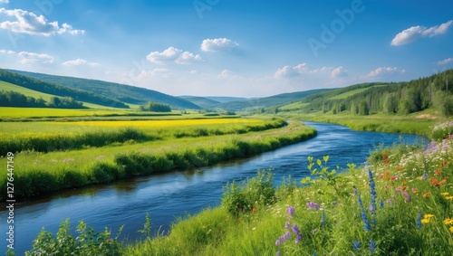 Vibrant landscape of a winding river surrounded by lush green fields and blooming wildflowers under a clear blue sky