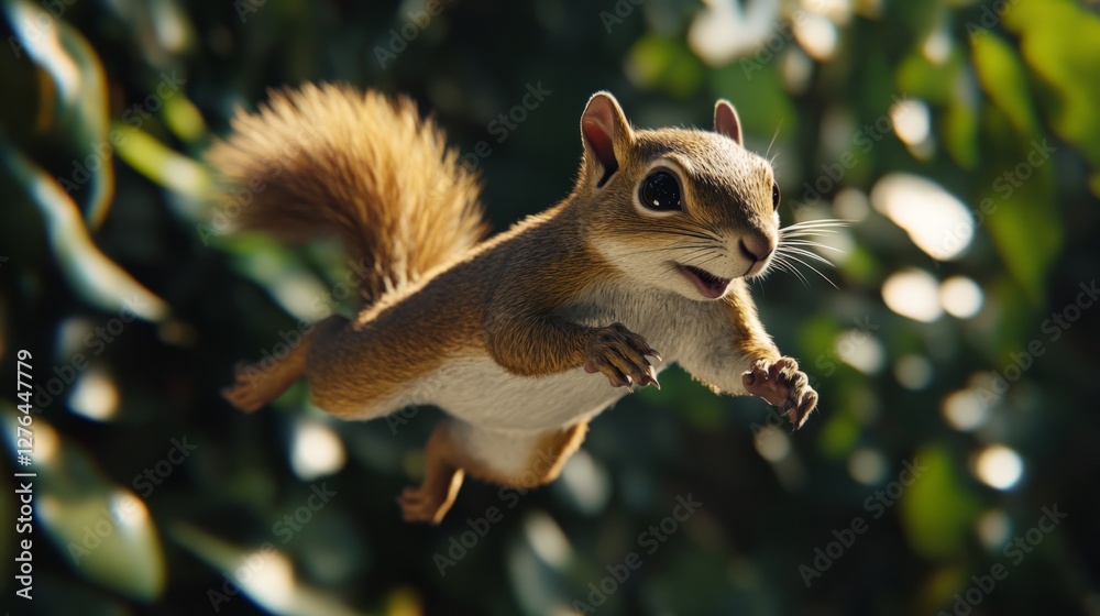 Obraz premium Dramatic squirrel mid-air, leaping with an exaggerated heroic pose, slow-motion action movie parody.