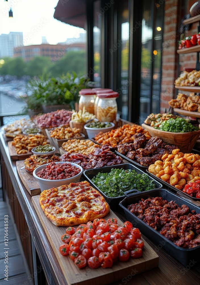 Obraz premium Snack Table Loaded with Pizza and Chips for Football Game Night