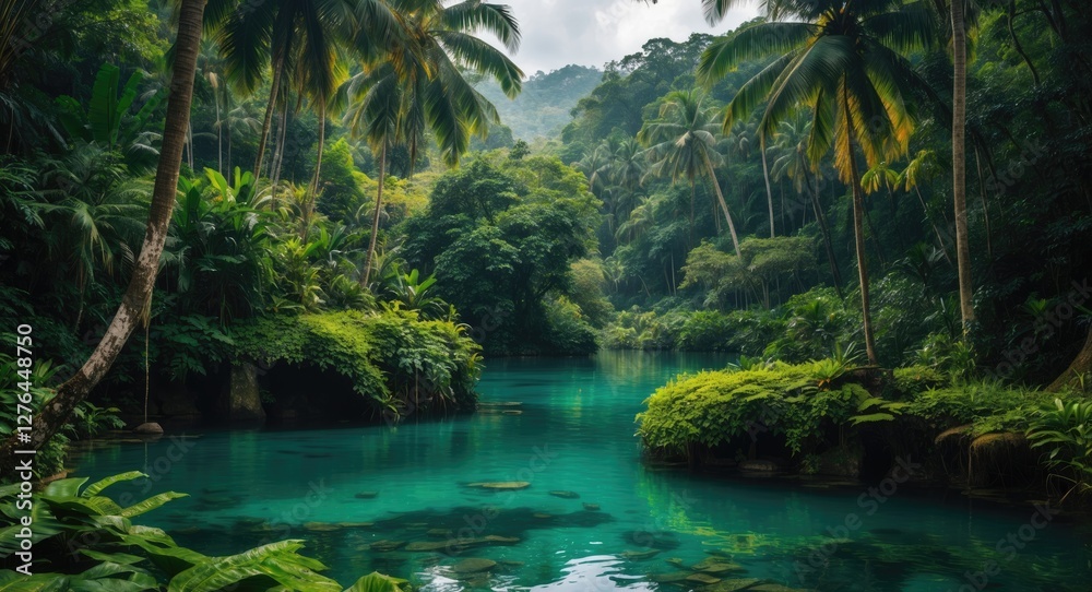 Fototapeta premium Tropical rainforest with lush greenery and clear turquoise water in a serene natural landscape setting