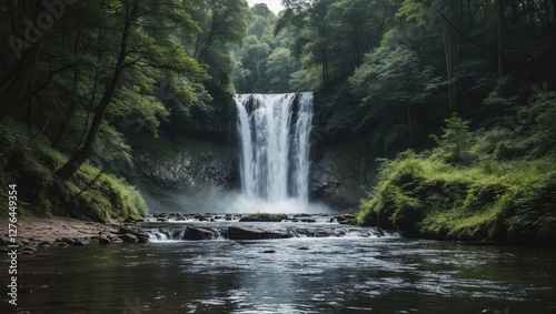 Lush forest landscape featuring a cascading waterfall surrounded by greenery and a tranquil river in a serene natural setting