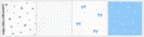 Vector illustrations. Set of 4 Seamless patterns in blue tones, forget-me-nots flowers, dots, hearts. Summer, vacation, fabric design, wrapping paper