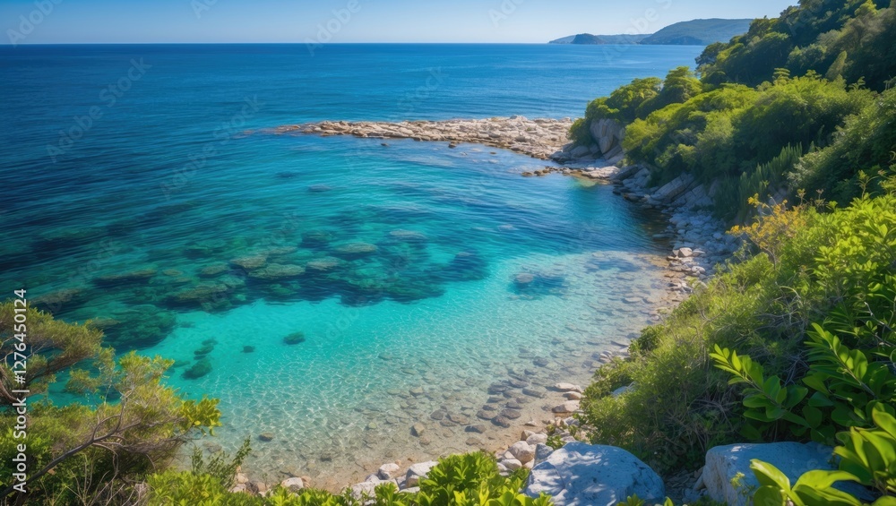 Coastal landscape with clear turquoise water gentle waves and rocky shoreline surrounded by lush greenery and distant mountains Coastal landscape with clear turquoise water gentle waves and rocky shoreline surrounded by lush greenery and distant mountains