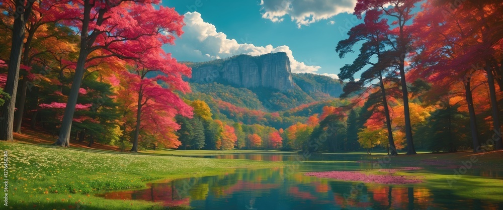 Naklejka premium Autumn landscape with colorful trees reflecting in calm water under blue sky and mountains in the background