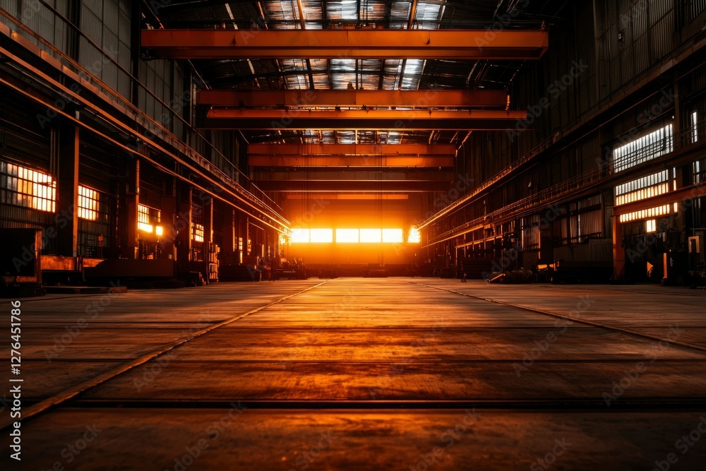 Naklejka premium Industrial warehouse interior sunset light shining through windows