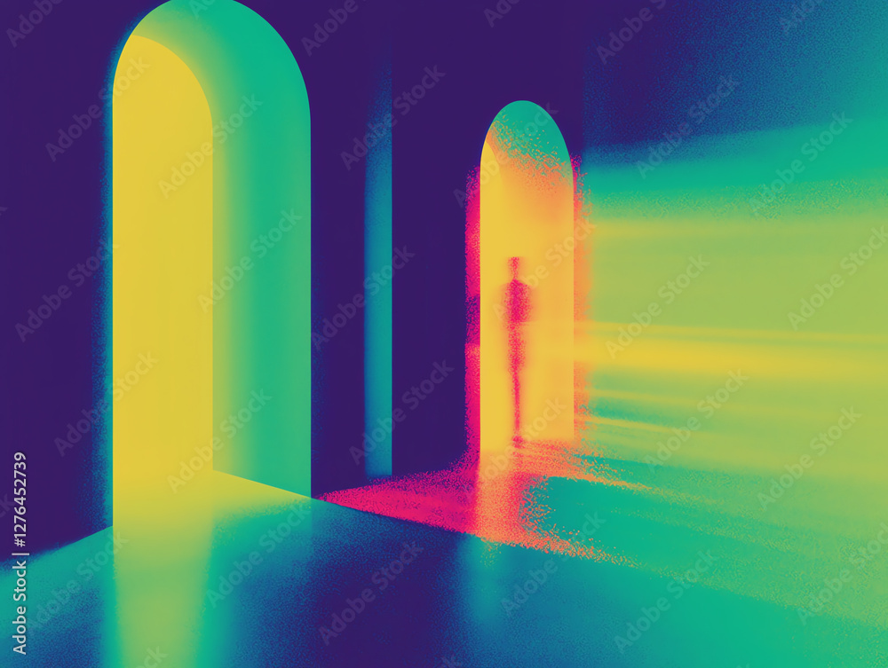 Surreal and dreamlike abstraction of colorful arches with an ethereal figure in a mystical space Surreal and dreamlike abstraction of colorful arches with an ethereal figure in a mystical space