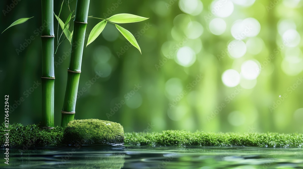 Obraz premium on moss, a green bamboo, green bamboo leaves, waterhole, real, blurred green background Generative AI