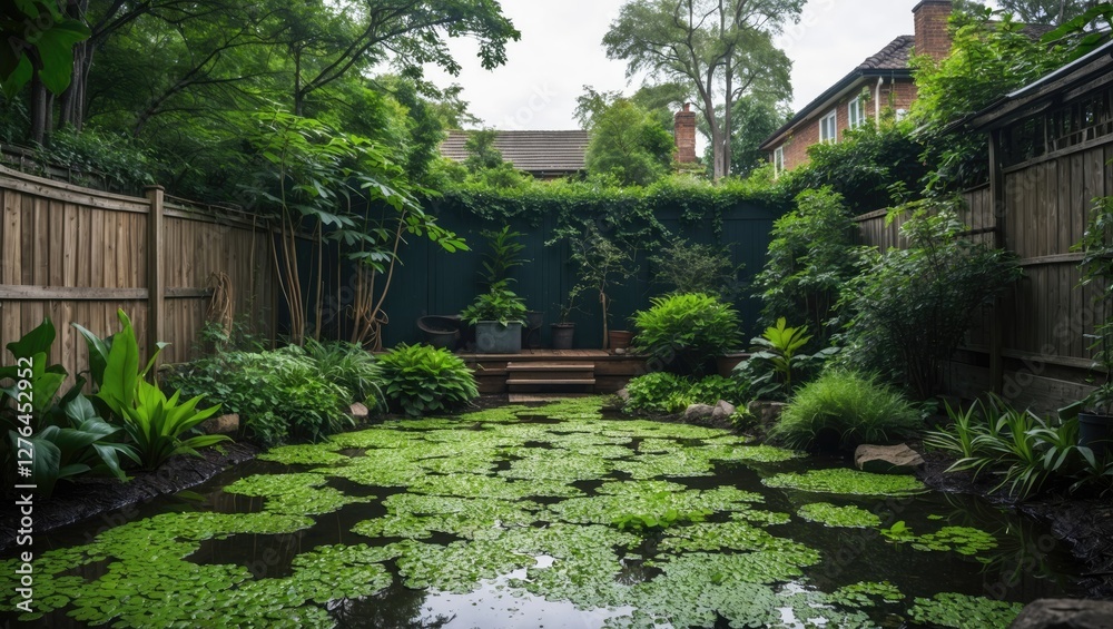 Lush green garden pond surrounded by vibrant foliage and wooden decking in residential backyard setting. Lush green garden pond surrounded by vibrant foliage and wooden decking in residential backyard setting.
