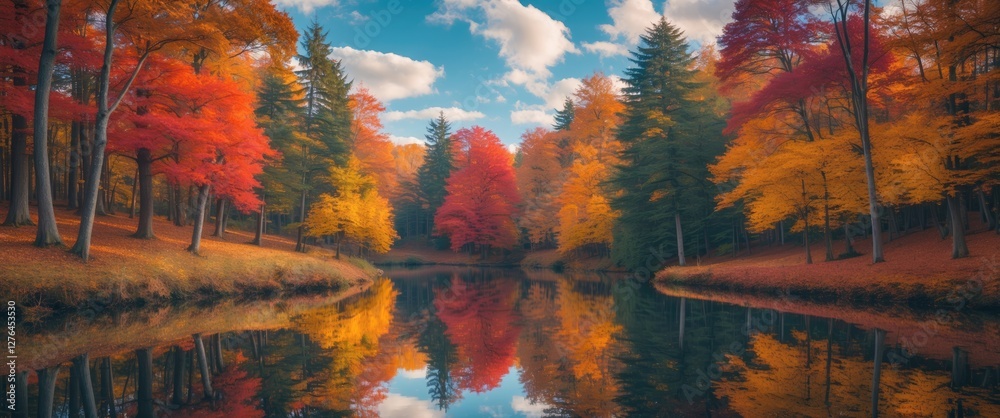 Naklejka premium Autumn landscape with vibrant orange and red foliage reflected in calm water under a blue sky with fluffy clouds