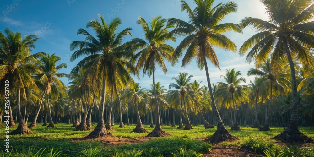 Lush green coconut palm trees in tropical landscape under clear blue sky during daylight Lush green coconut palm trees in tropical landscape under clear blue sky during daylight