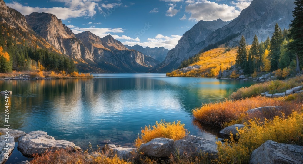 Obraz premium Mountain landscape with lake and autumn foliage reflecting in water under a blue sky with clouds in the background