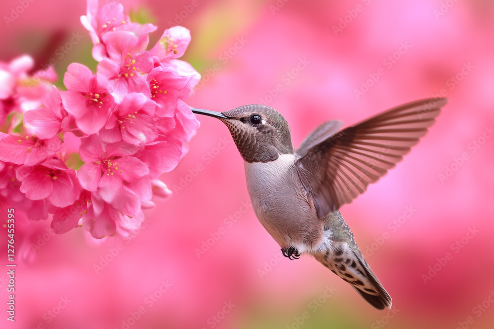 Fototapeta premium Graceful Hummingbird Feeding on Pink Blossoms – Nature’s Delicate Beauty