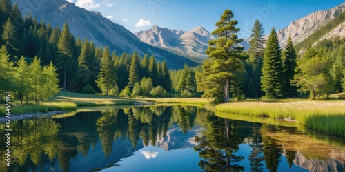 Scenic mountain landscape with lush greenery and calm reflective lake under blue sky with clouds in a natural setting