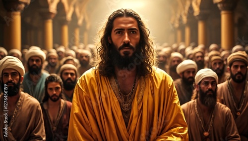 Jesus Christ surrounded by his followers in an ancient building.