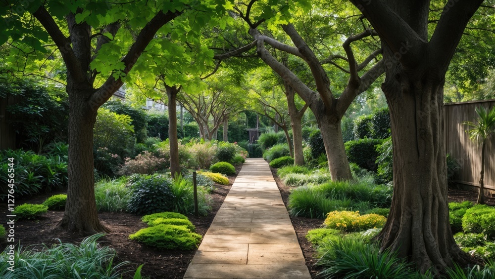 Lush green garden pathway with mature trees and vibrant foliage in a well-maintained landscape setting on a sunny day Lush green garden pathway with mature trees and vibrant foliage in a well-maintained landscape setting on a sunny day