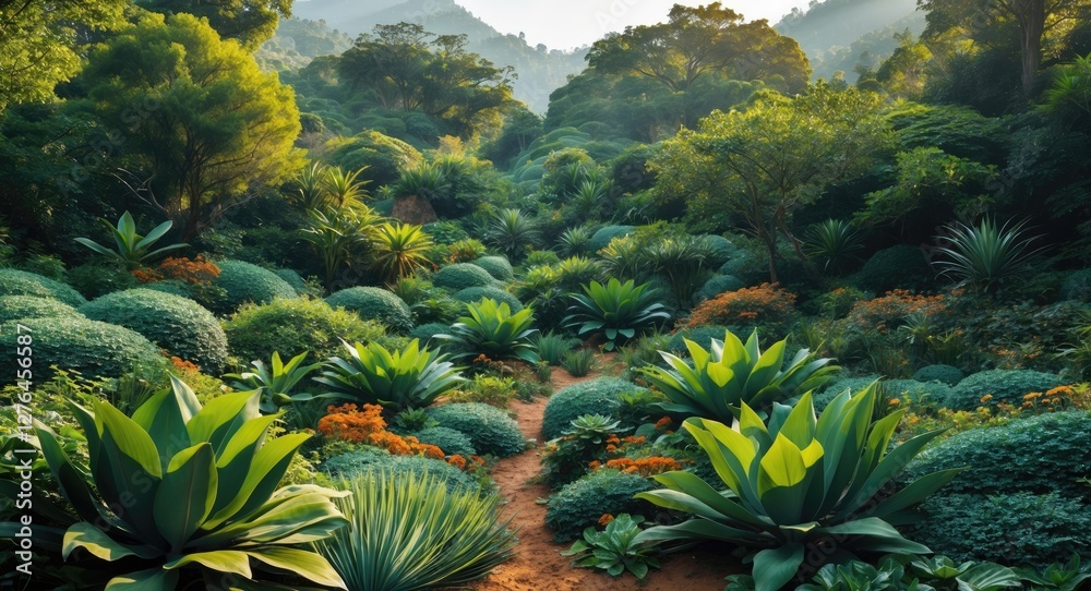 Fototapeta premium Lush tropical garden landscape with vibrant green foliage, diverse plants and flowers, mountainous background in soft daylight conditions