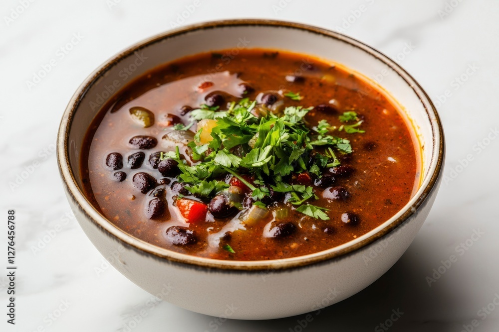 Black bean soup with cilantro in a bowl on marble Black bean soup with cilantro in a bowl on marble