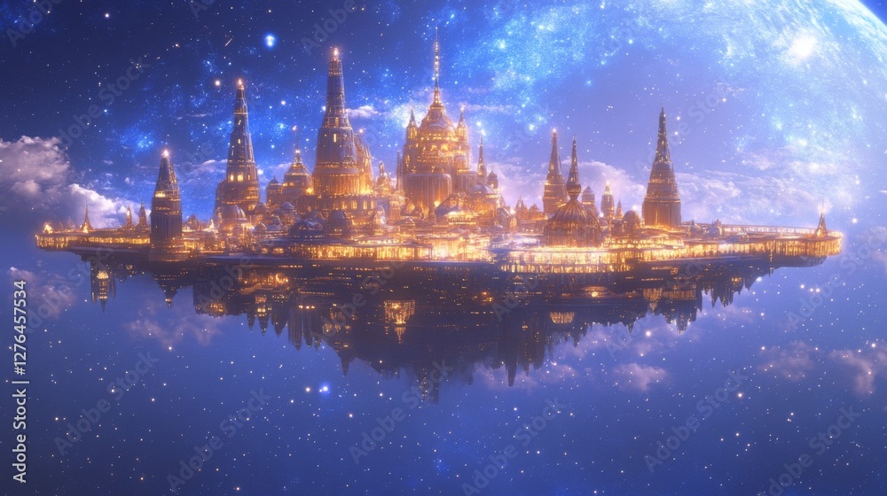A grand futuristic kingdom floating in space, surrounded by stars. A grand futuristic kingdom floating in space, surrounded by stars.