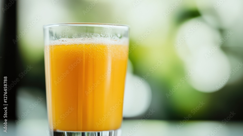 Freshly squeezed orange juice in a clear glass, set against a softly blurred green background Freshly squeezed orange juice in a clear glass, set against a softly blurred green background