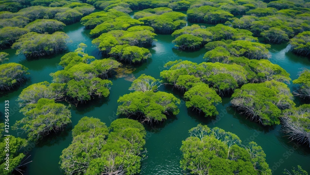 Aerial view of dense mangrove forest with vibrant green foliage in calm blue water environment Aerial view of dense mangrove forest with vibrant green foliage in calm blue water environment