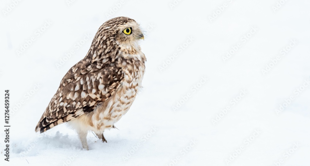 Burrowing owl on snowy ground with bright yellow eyes. Burrowing owl on snowy ground with bright yellow eyes.