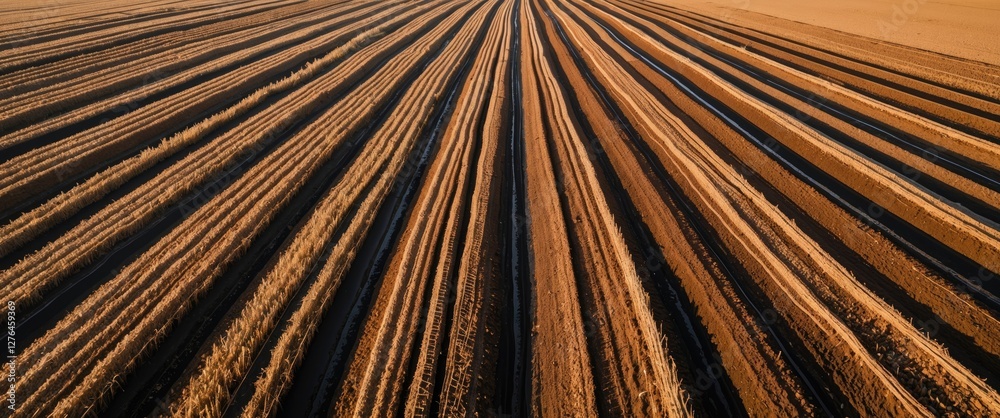 Obraz premium Aerial view of agricultural field with neatly arranged brown furrows and plowed soil creating a geometric pattern under sunlight