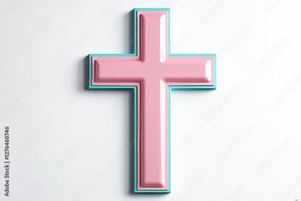 Bright pastel cross decor hangs on a white wall in a modern setting Bright pastel cross decor hangs on a white wall in a modern setting