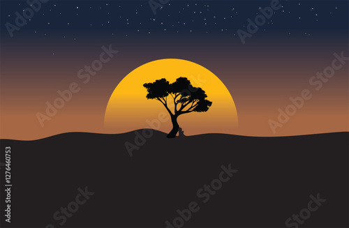 Night moonlight landscape, children sitting under the tree, fantasy style, vector background illustration