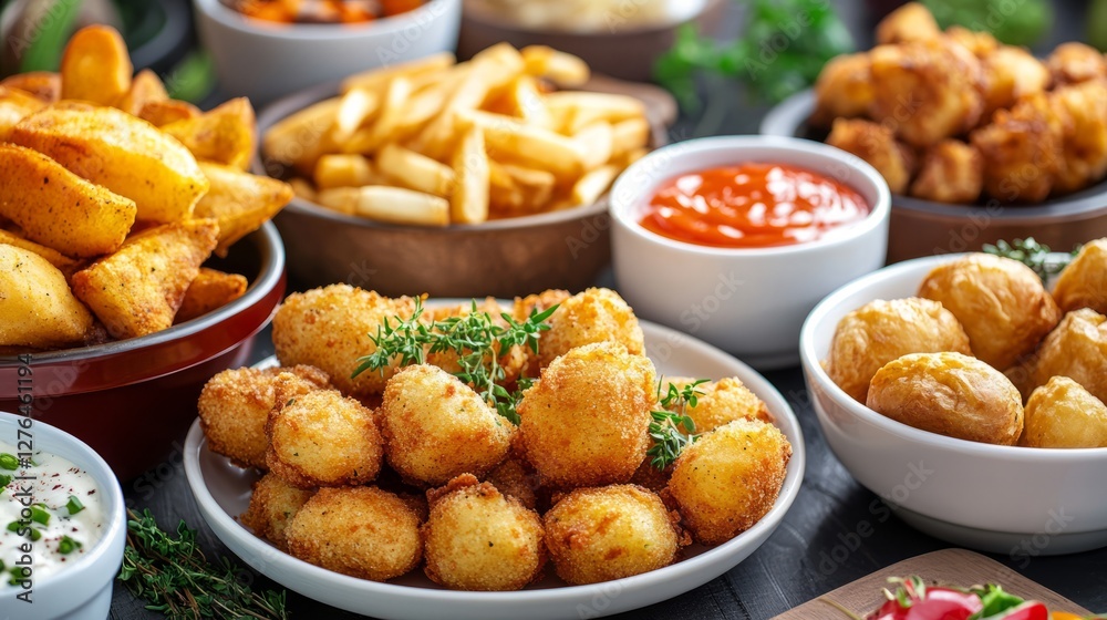 Variety Of Savory Appetizers, Including Crispy Fried Potatoes, Golden Potato Croquettes, And Tasty Dipping Sauces. Perfect For Sharing!
