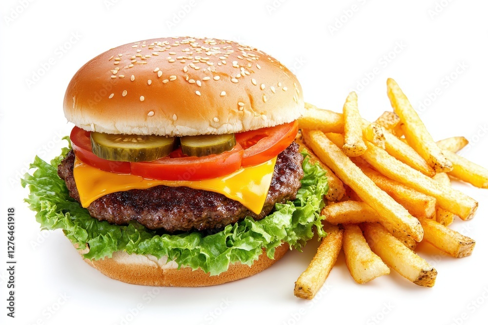 A delicious hamburger with crispy french fries on a clean white background A delicious hamburger with crispy french fries on a clean white background