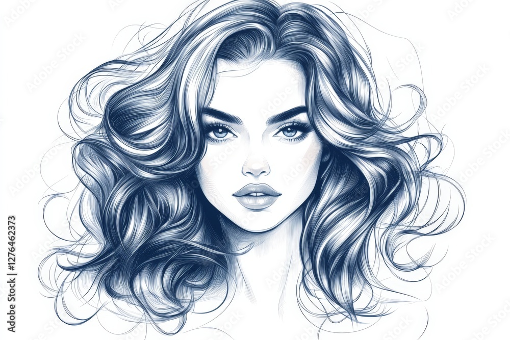 Elegant portrait of a woman with flowing hair captured in a detailed sketch style Elegant portrait of a woman with flowing hair captured in a detailed sketch style