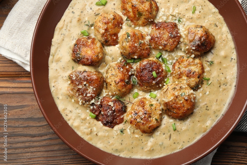 Delicious meatballs with gravy cream sauce and herbs on wooden table, top view Delicious meatballs with gravy cream sauce and herbs on wooden table, top view