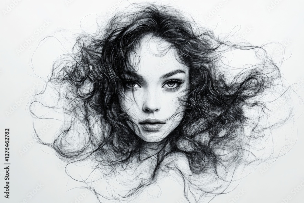 Fototapeta premium Artistic portrayal of a woman with flowing hair showcasing intricate detail and emotion in a black-and-white artistic expression