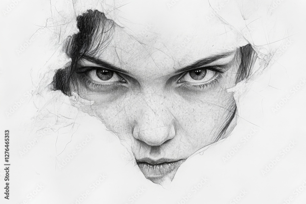 Fototapeta premium Intricate drawing of a young woman's intense gaze breaking through paper with detailed textures and shadows