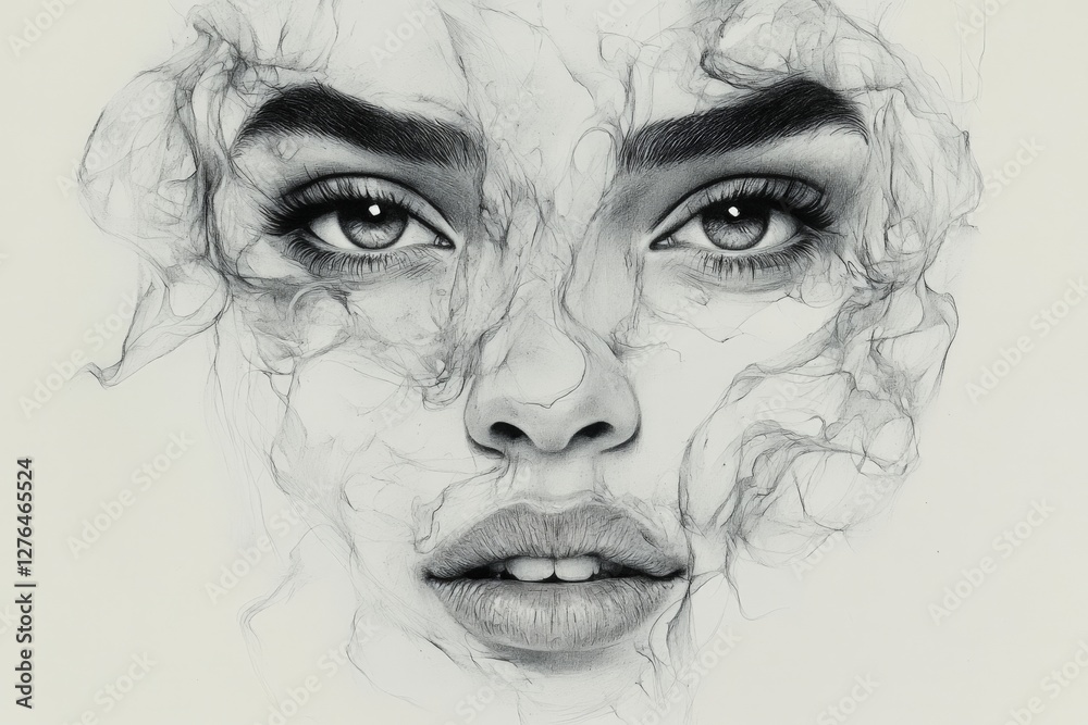 Obraz premium Intricate pencil drawing of a woman's face with ethereal smoke-like patterns in a muted color palette