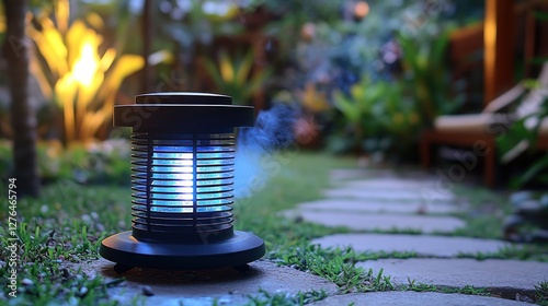Bug zapper glowing, garden path, twilight