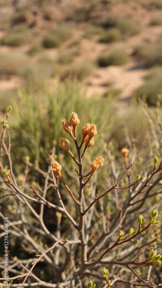 Desert offshoot of a shrub with branches in the foreground, shrubs, stems, greenery Desert offshoot of a shrub with branches in the foreground, shrubs, stems, greenery