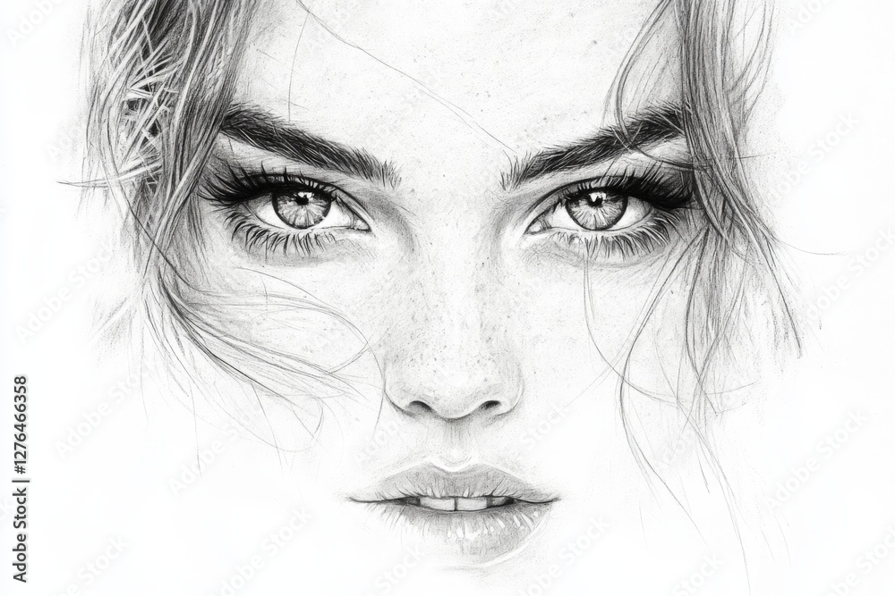 Obraz premium Detailed pencil drawing of a young woman with captivating eyes and soft features on a blank background