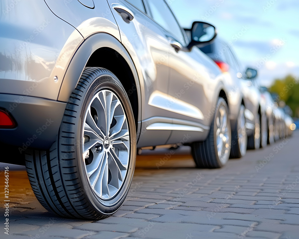 New cars parked outdoors, dealership lot New cars parked outdoors, dealership lot