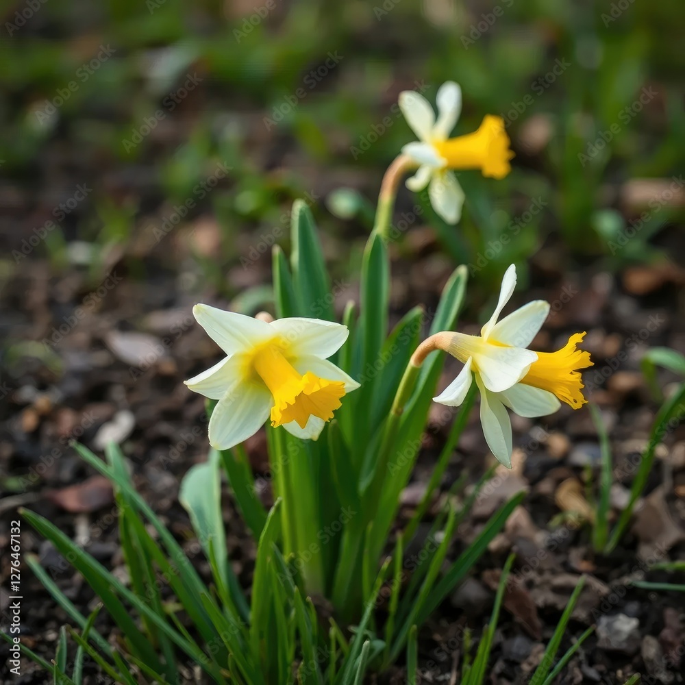 Delicate daffodil stems unfolding from the earth, blooming, daffodils, green grass Delicate daffodil stems unfolding from the earth, blooming, daffodils, green grass