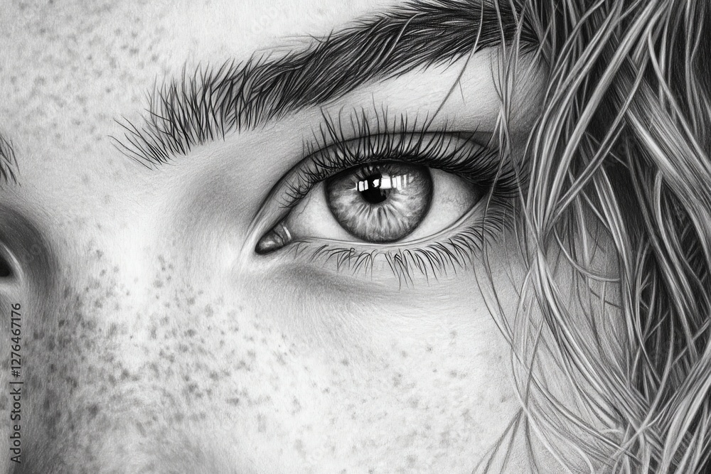 Fototapeta premium Close-up of a detailed pencil sketch depicting an expressive eye with perfect clarity and realism