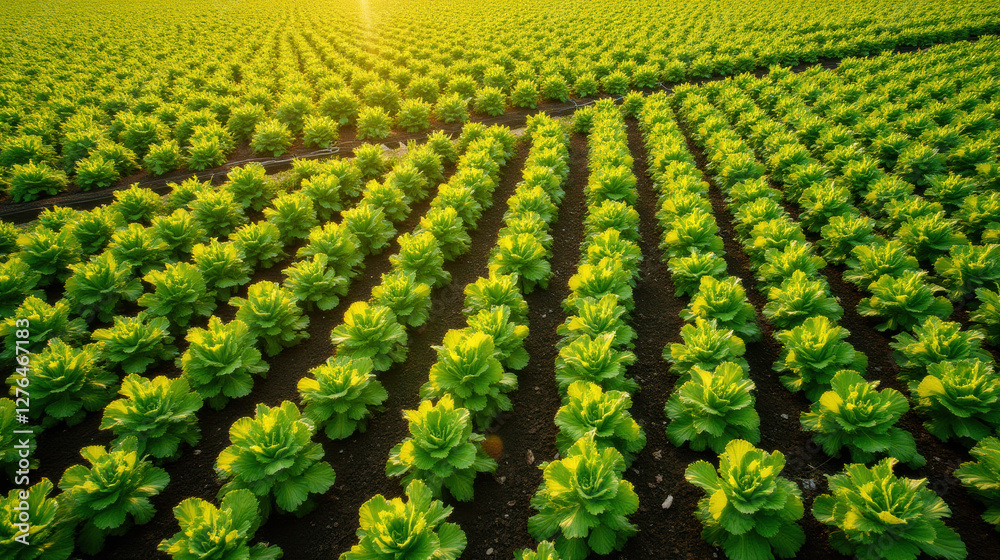 Lush green lettuce fields under sunlight, showcasing vibrant rows of crops Lush green lettuce fields under sunlight, showcasing vibrant rows of crops