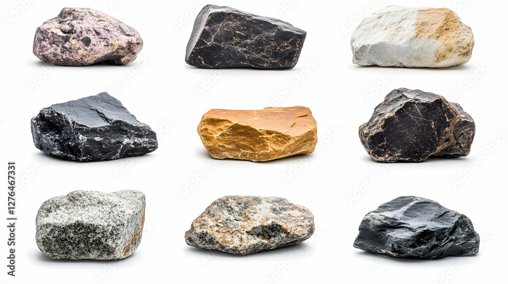 Nine assorted rocks on white background, geology samples Nine assorted rocks on white background, geology samples
