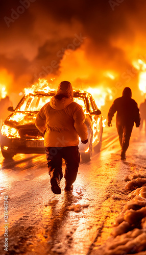 Nighttime riot; burning car; fleeing people; snowy street; social unrest news